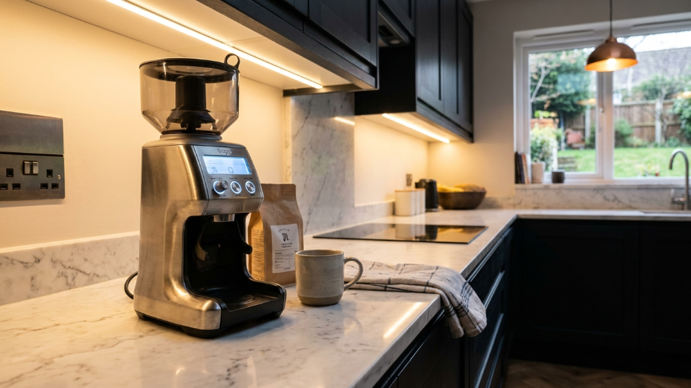 Sage Smart Grinder Pro electric burr grinder on a UK kitchen counter