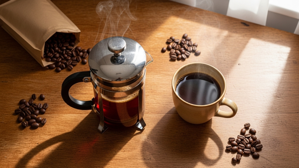 Best cafetiere UK 2026 guide showing classic glass cafetiere with freshly brewed coffee and ceramic mug on wooden table
