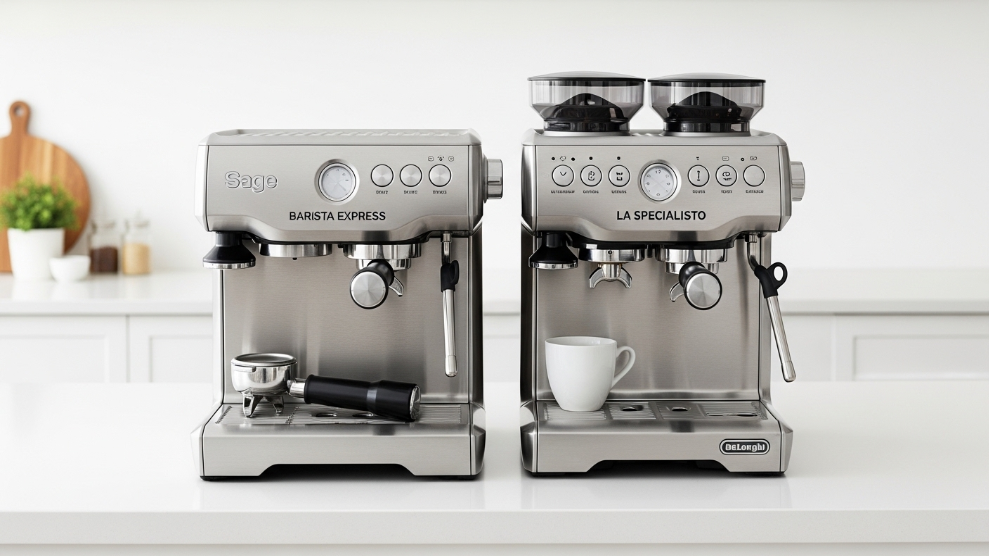 Sage vs De'Longhi UK 2026 comparison showing Sage Barista Express and De'Longhi La Specialista side by side on a kitchen worktop