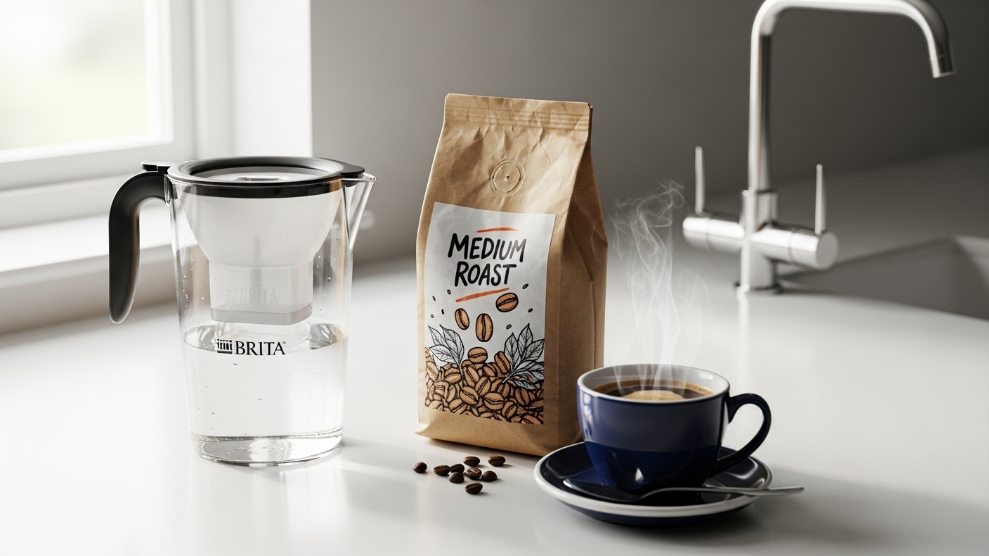 Best coffee for hard water UK guide showing Brita filter jug specialty coffee bag and ceramic mug on a kitchen surface