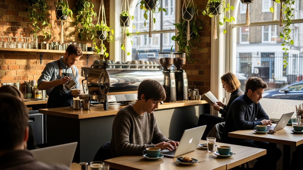 UK coffee culture guide showing a busy London specialty coffee shop interior with barista making flat white and customers at wooden tables