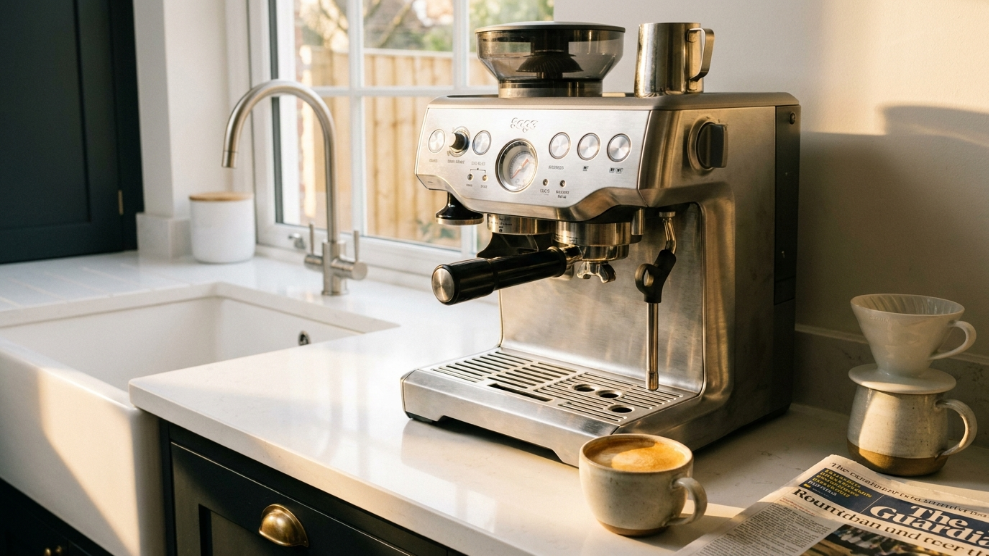 Best Sage coffee machines UK 2026 guide showing Sage Barista Express espresso machine on a kitchen counter