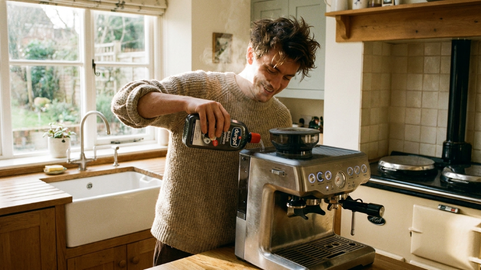 How to descale a coffee machine UK showing descaling solution being added to machine water reservoir in a kitchen