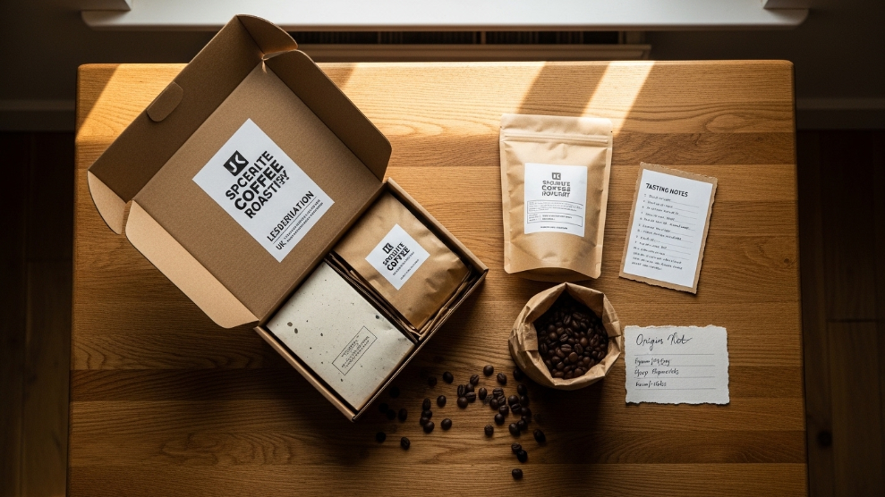Best coffee subscription UK 2026 showing an open letterbox-friendly specialty coffee subscription box with kraft paper bag and tasting notes card