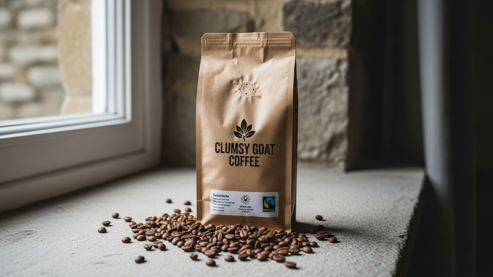 Clumsy Goat Coffee review UK 2026 showing Fairtrade certified coffee bag with whole beans on a wooden surface