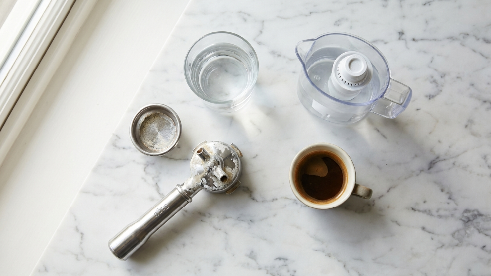 Hard water and coffee UK guide showing limescale on espresso machine portafilter and water filter jug.