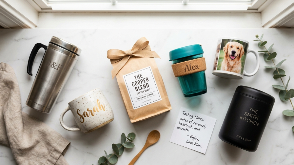 Best personalised coffee gifts showing custom engraved stainless travel mug with monogram handmade ceramic mug with name specialty bag with custom label personalised KeepCup photo mug with pet engraved Fellow Atmos canister and handwritten tasting card