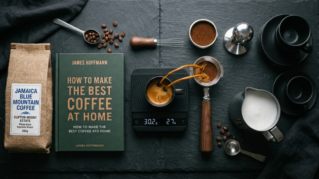 Best coffee gifts for espresso lovers showing WDT tool precision tamper Acaia Lunar scale steaming pitcher dosing funnel Acme espresso cups Jamaica Blue Mountain coffee bag and James Hoffmann espresso book as espresso accessories gifts
