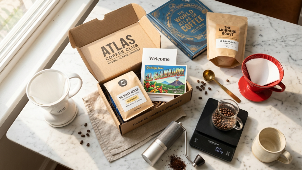 Best coffee gifts for beginners starter kit showing Atlas subscription V60 dripper TIMEMORE C2 grinder Greater Goods scale Clever Dripper James Hoffmann book and specialty beans arranged as beginner coffee journey starter gifts