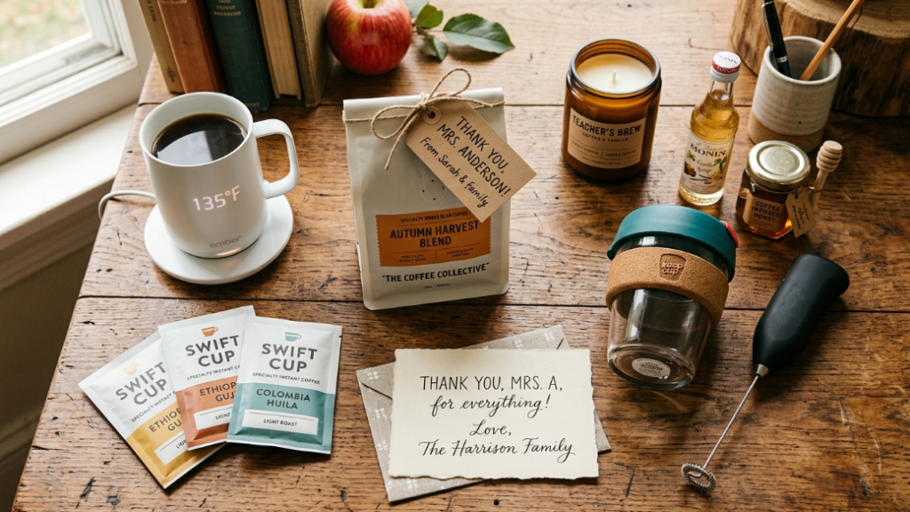 Best coffee gifts for teachers showing specialty coffee bag with thank-you tag Swift Cup instant handheld frother KeepCup Brew Cork coffee candle Monin syrup Ember Smart Mug coffee honey and handwritten card as teacher appreciation gifts on wooden desk