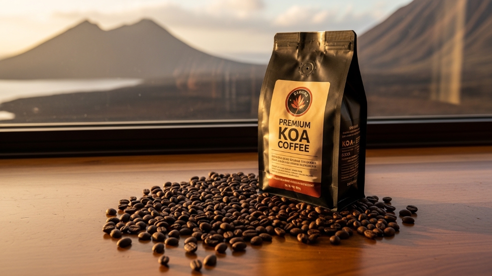 Koa Coffee review 2026 showing premium 100% Hawaiian Kona coffee bag with Big Island volcano landscape