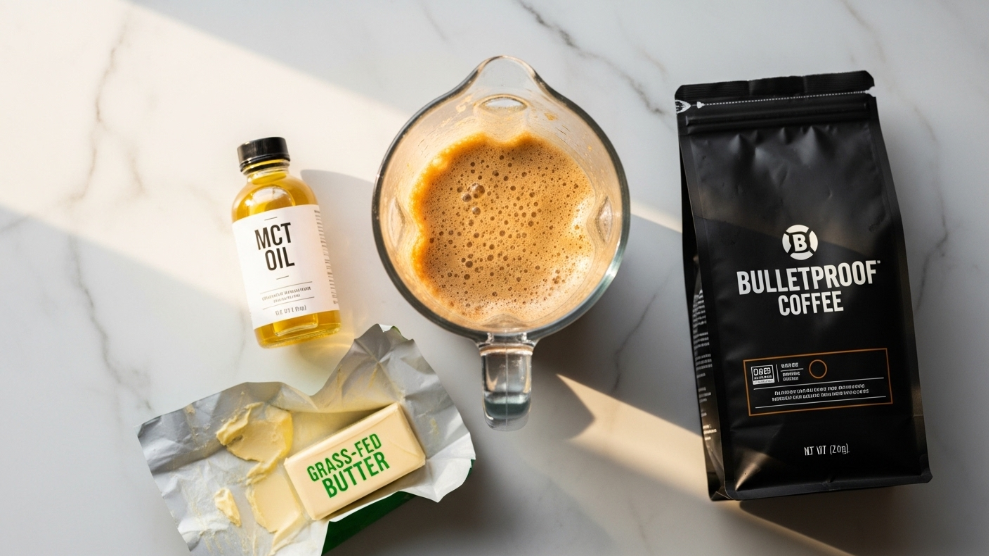 Bulletproof Coffee review 2026 showing keto coffee recipe with MCT oil grass-fed butter and blender.