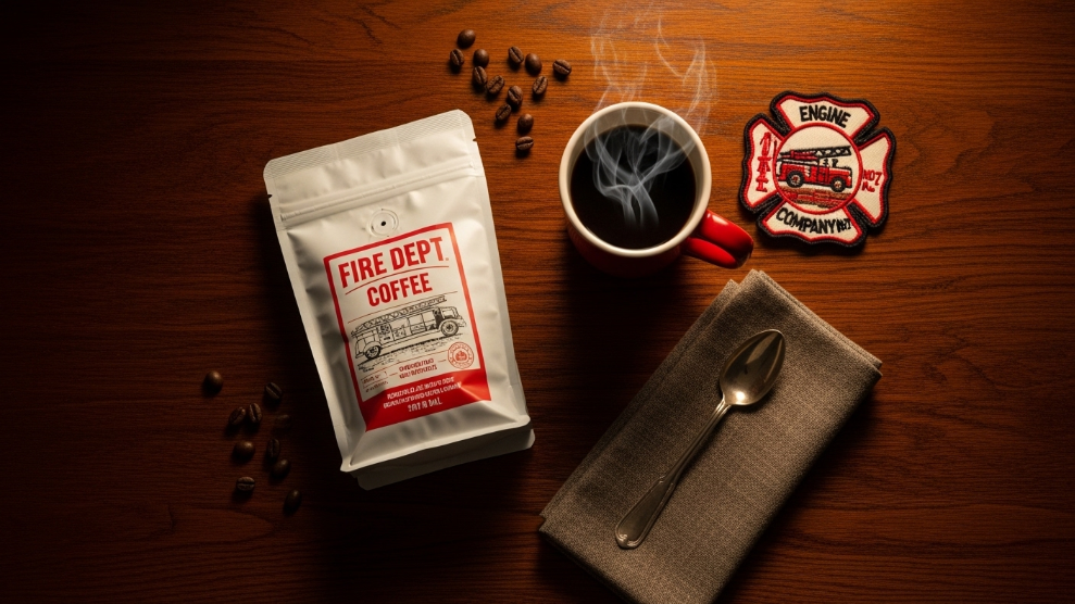 Fire Dept Coffee review 2026 showing veteran owned first responder coffee bag with red ceramic mug