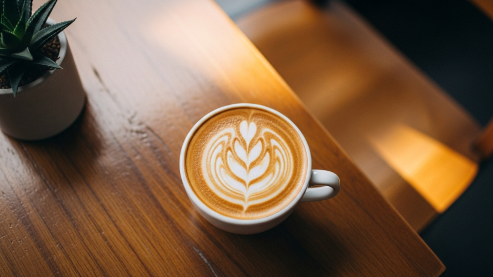 What is a flat white coffee showing a small ceramic cup with latte art and velvety microfoam on a wooden cafe table