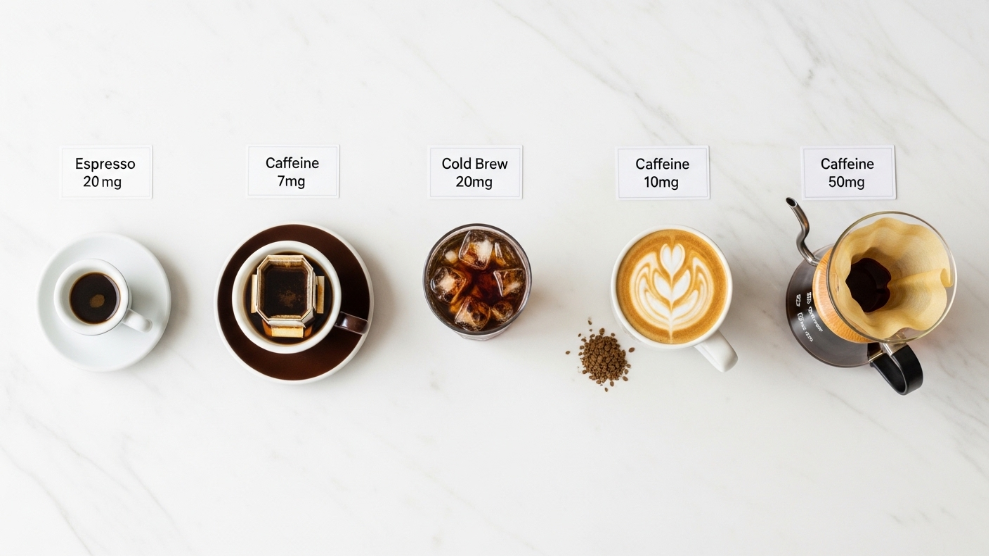 Caffeine content in every coffee type compared including espresso drip coffee cold brew pour-over and instant coffee