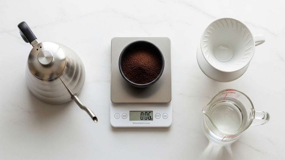 Coffee to water ratio complete guide showing kitchen scale measuring coffee grounds beside a gooseneck kettle and measuring jug