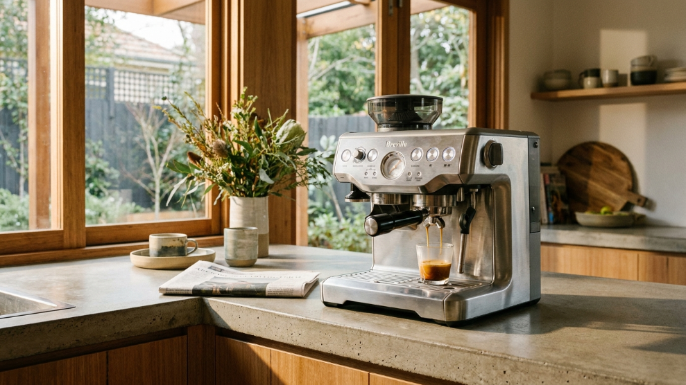 Best espresso machines Australia 2026 guide showing Breville Barista Express on a modern Australian kitchen bench with fresh espresso shot