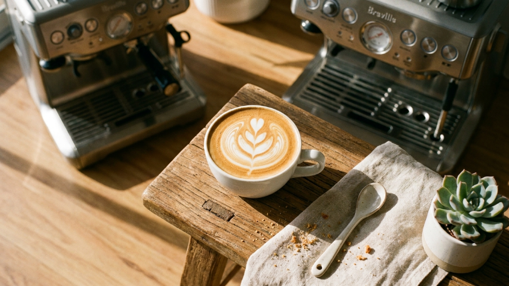 How to make a flat white at home Australia showing a perfect flat white with rosette latte art in a white ceramic cup on a wooden surface