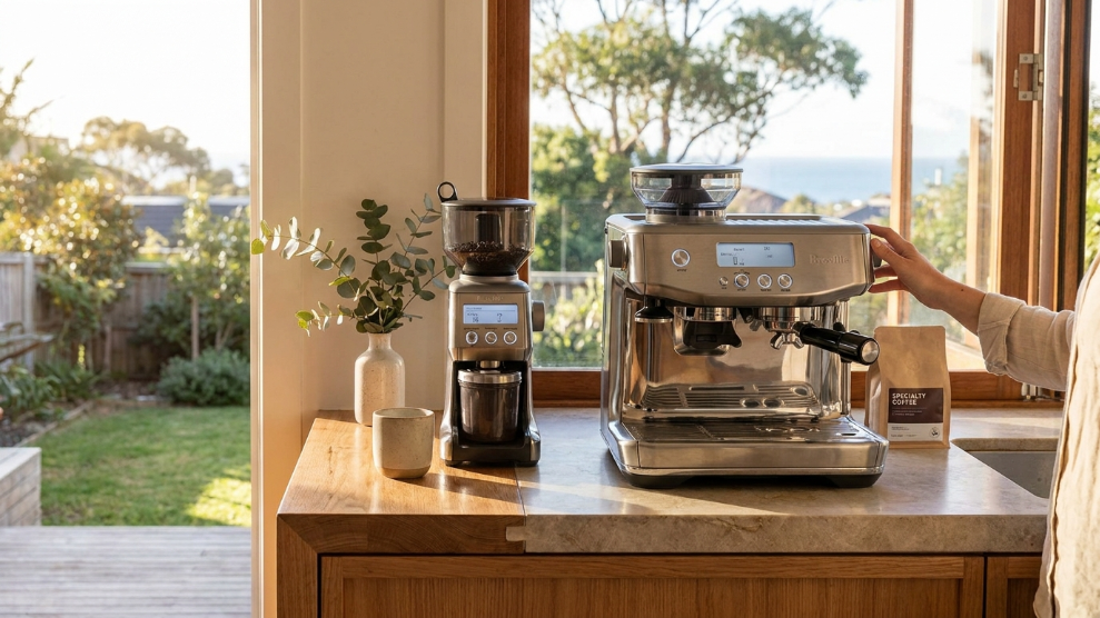 Best Coffee Grinder Australia 2026 showing Breville Smart Grinder Pro beside espresso machine on a modern Australian kitchen bench