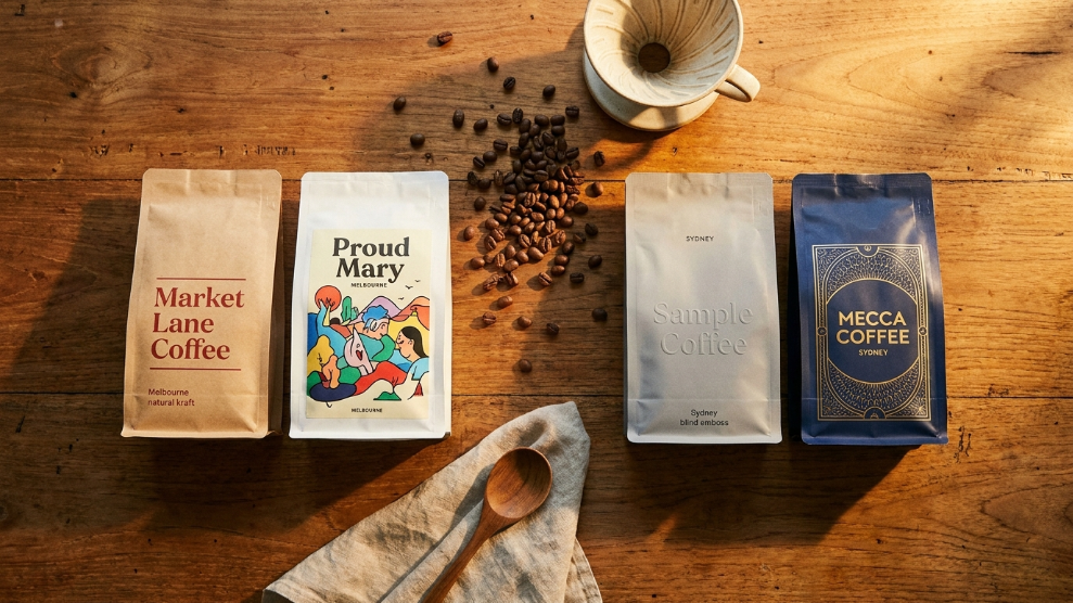 Best coffee roasters Sydney and Melbourne 2026 showing four specialty coffee bags on an Australian hardwood table with whole coffee beans