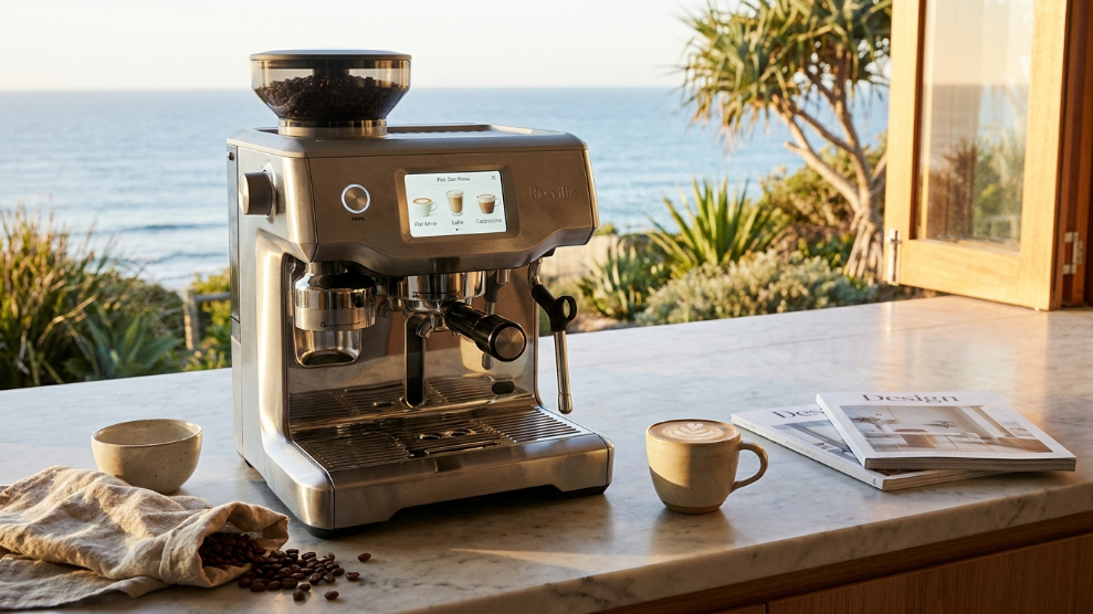 Breville Oracle Touch review Australia 2026 showing the machine on a premium kitchen bench with touchscreen active and flat white beside it