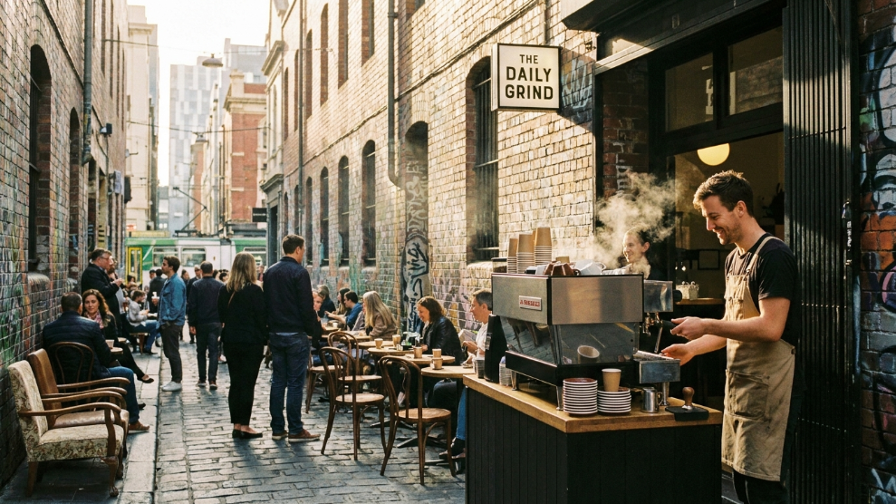 Melbourne coffee culture guide 2026 showing a typical Melbourne laneway specialty coffee cafe with barista at espresso machine and bluestone alley
