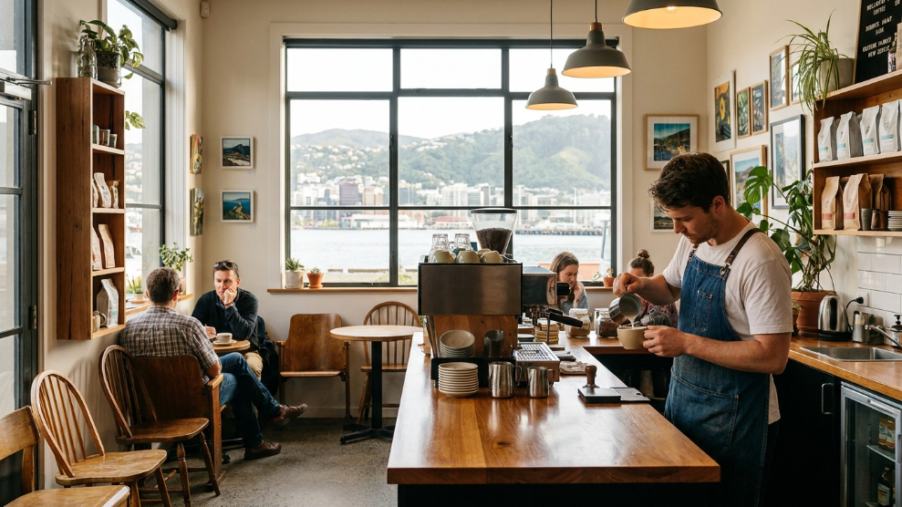 New Zealand coffee guide 2026 showing a Wellington specialty cafe interior with barista and espresso bar with harbour view through window