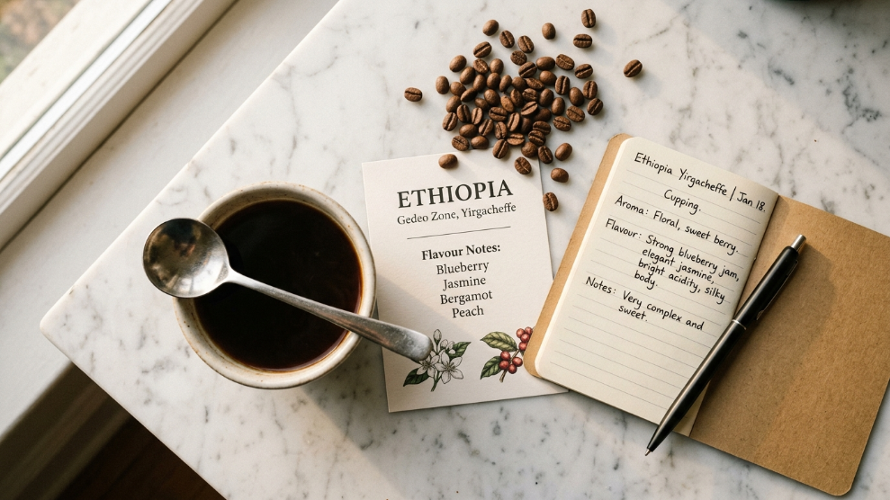 What is specialty coffee guide showing cupping bowl tasting notes card and Ethiopian single origin coffee beans.