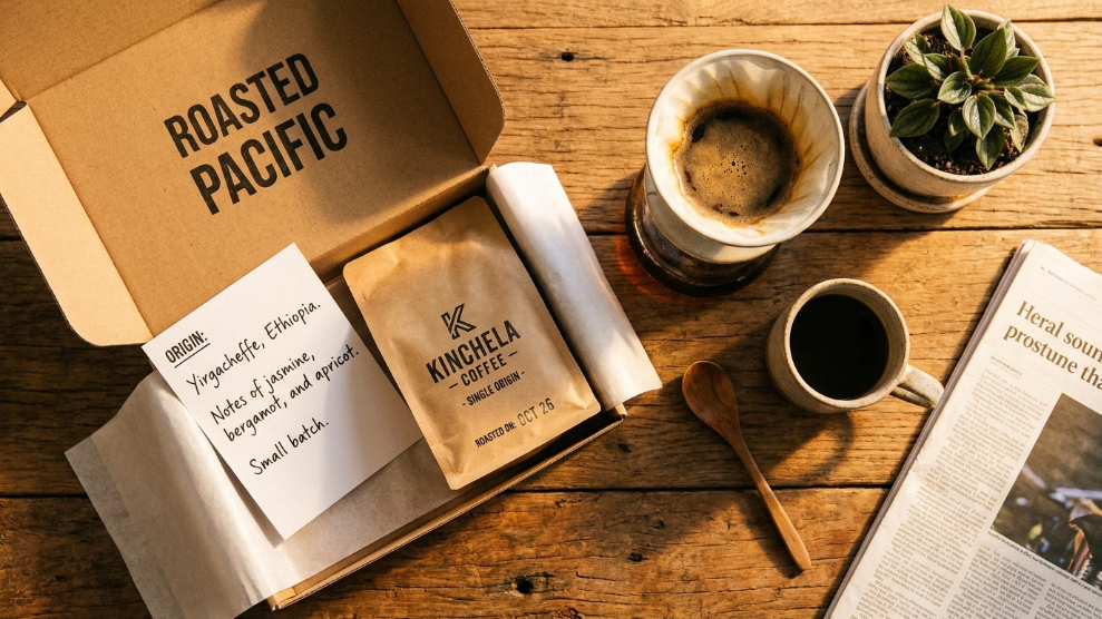 Best coffee subscription Australia 2026 showing an open subscription box with freshly roasted specialty coffee bag and origin card on a timber bench
