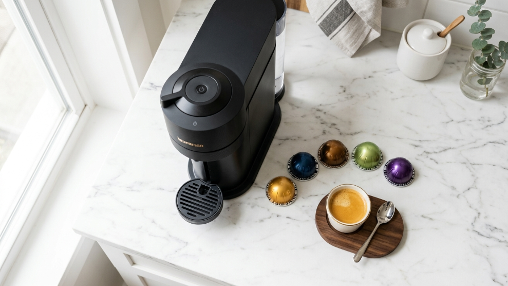 Best Nespresso machine 2026 showing a Nespresso machine on a white marble bench with Vertuo pods fanned out and espresso cup beside it