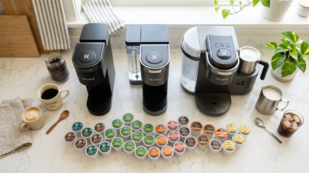Best Keurig coffee maker 2026 showing three Keurig machines side by side with K-Cup pods on a white kitchen countertop