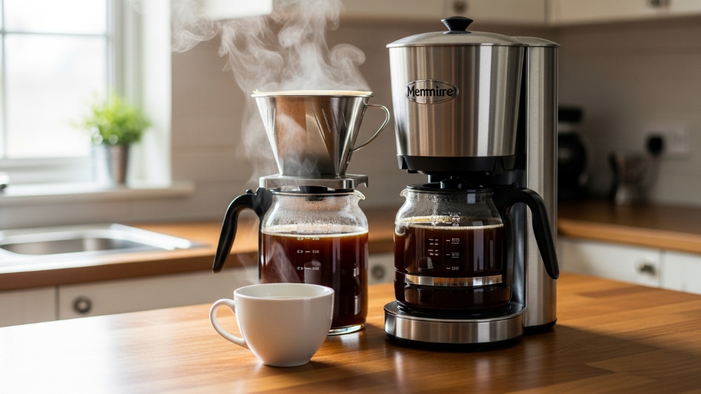 Best drip coffee maker 2026 showing a premium stainless steel drip coffee maker with a full carafe of brewed coffee and a ceramic mug on a timber kitchen counter