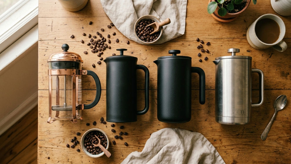 Best French press 2026 showing four French press coffee makers side by side including Bodum Chambord, Espro P3, Fellow Clara and Yeti Rambler on a timber table