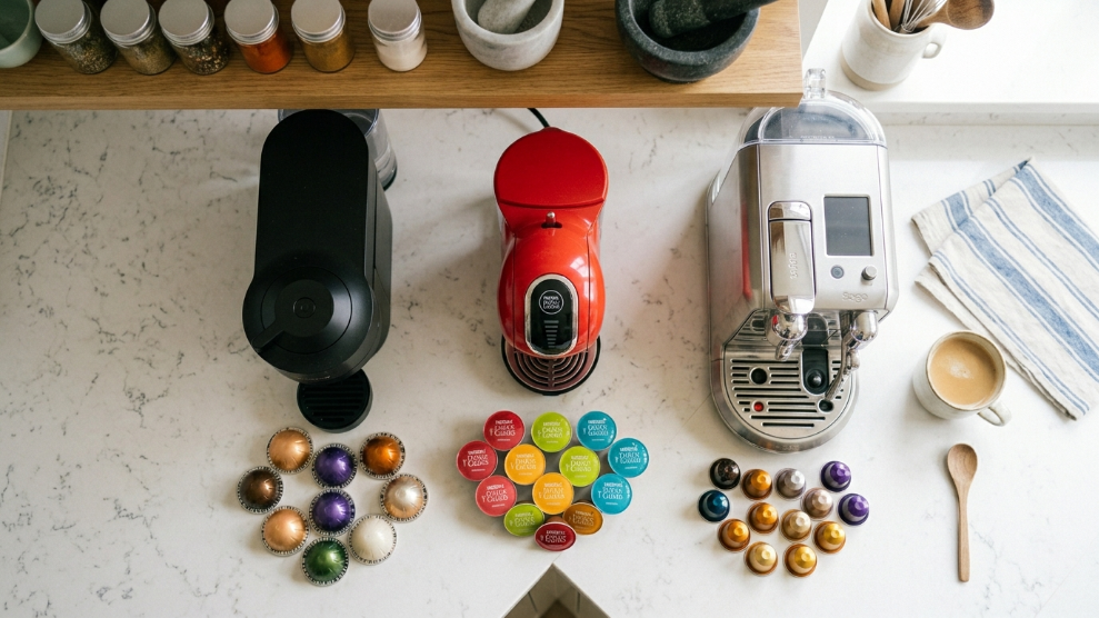 Best pod coffee machine UK 2026 showing three pod machines side by side including Nespresso Vertuo Pop, Dolce Gusto and Sage Creatista on a white kitchen countertop with capsules in front