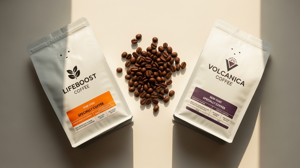 Lifeboost vs Volcanica coffee 2026 comparison showing both coffee bags side by side on a white kitchen bench with coffee beans scattered between them