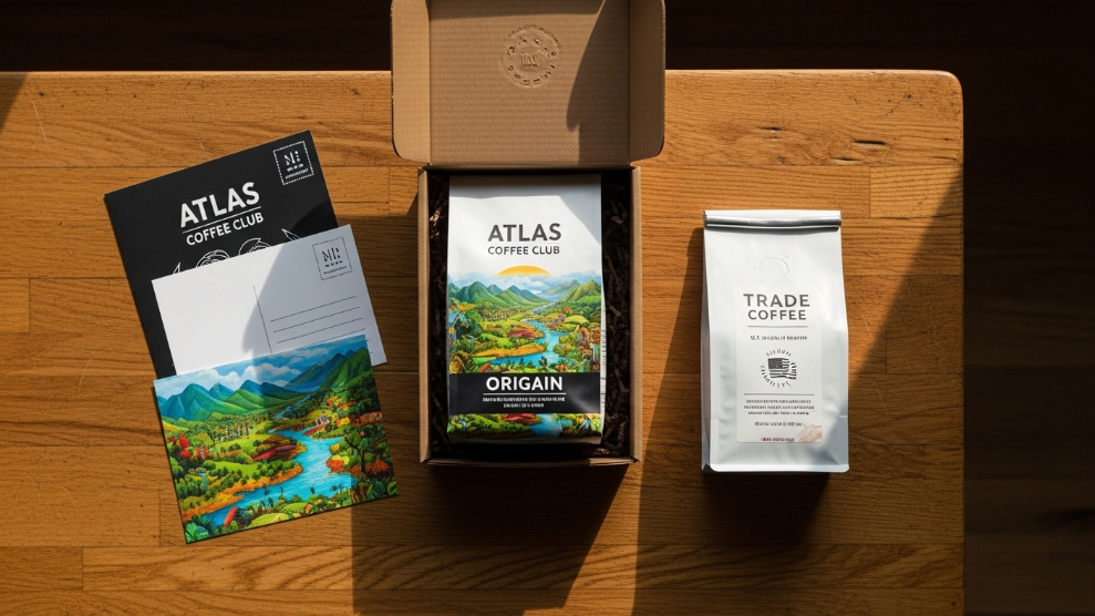 Atlas Coffee Club vs Trade Coffee 2026 comparison showing subscription box with origin postcard on left beside Trade Coffee roaster bag on timber table