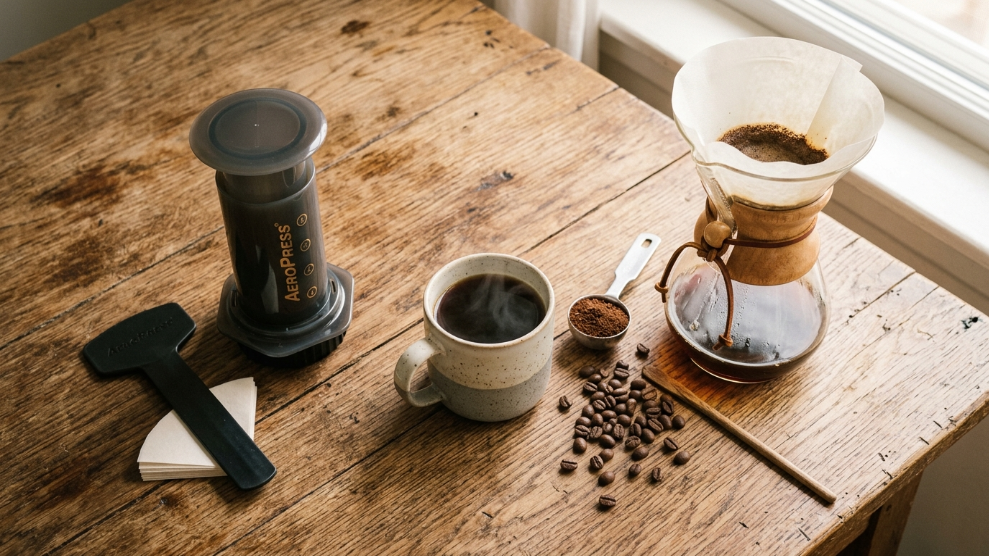 AeroPress vs Chemex comparison 2026 showing AeroPress brewer and Chemex glass hourglass brewer with cups of coffee between them on a timber table