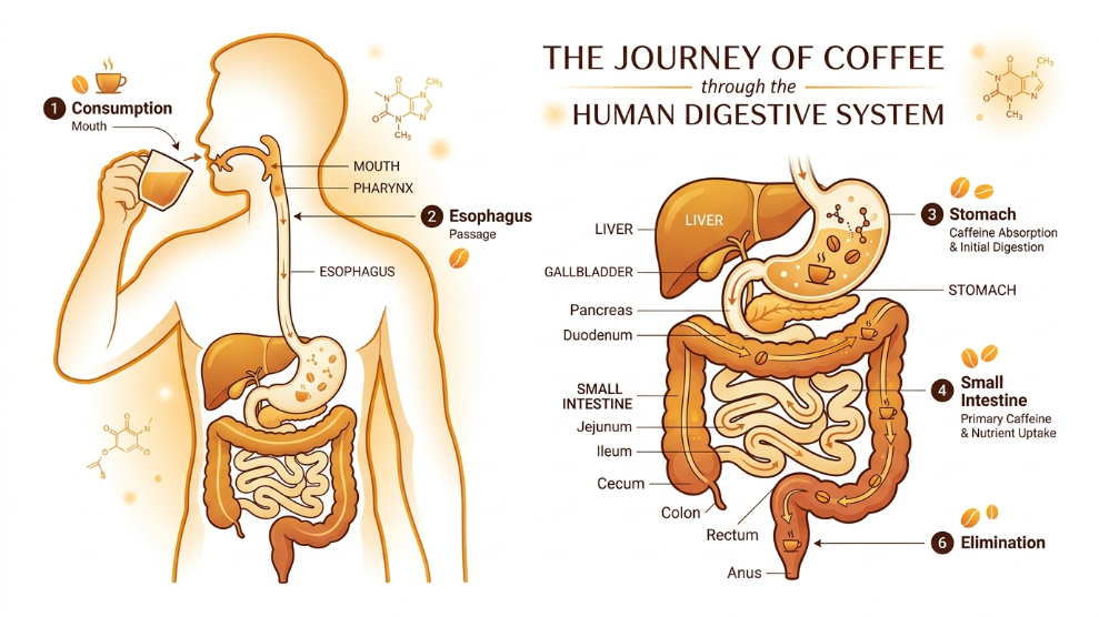 Why does coffee make you poop science explained showing gastrocolic reflex and digestive system diagram