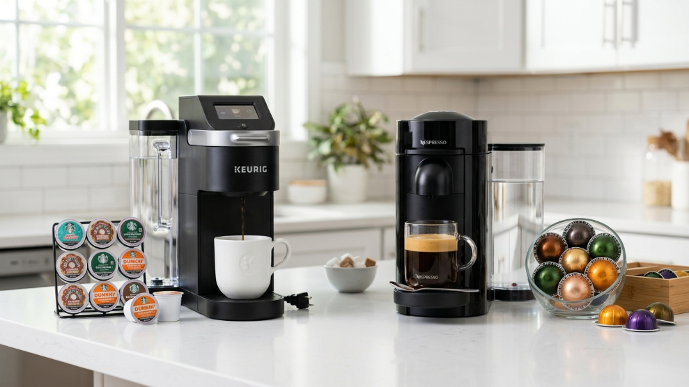 Keurig vs Nespresso comparison 2026 showing Keurig K-Supreme machine with K-Cup pods and Nespresso VertuoPlus with capsules on white kitchen countertop