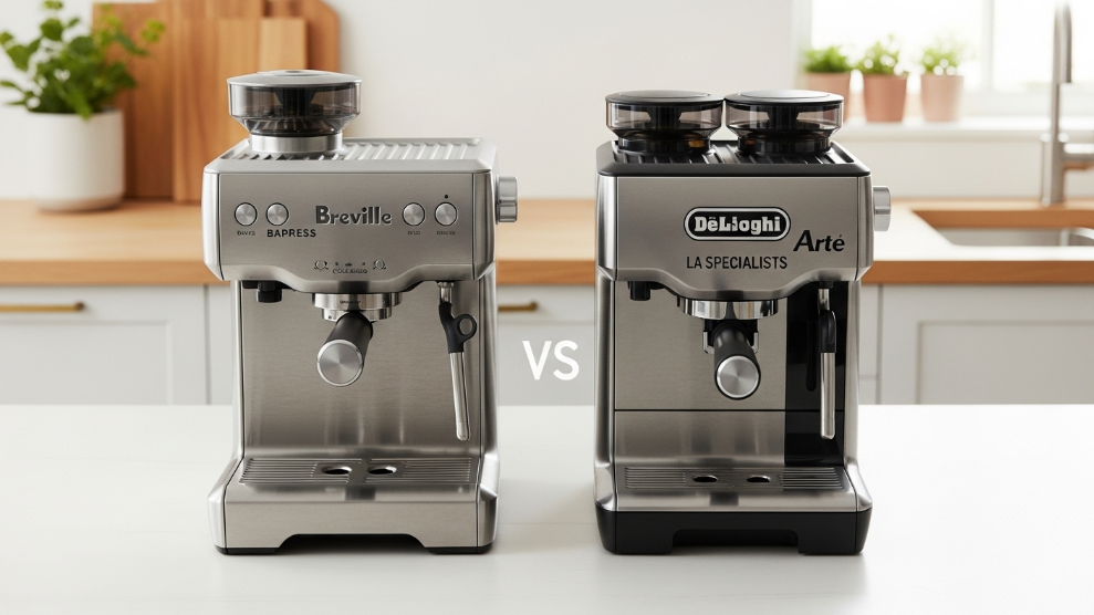 Breville vs De'Longhi comparison 2026 showing Breville Barista Express and De'Longhi La Specialista Arte espresso machines on a white kitchen surface