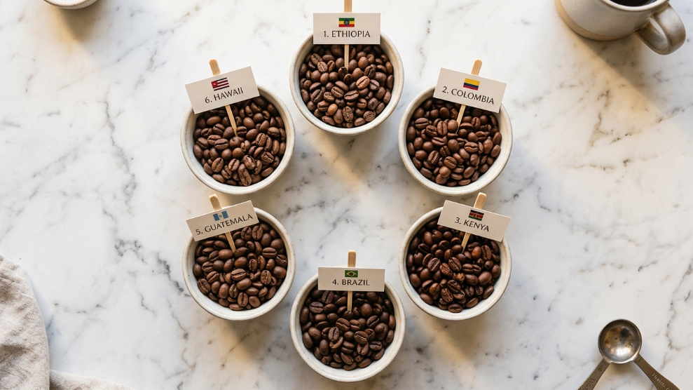 Best coffee regions in the world guide showing coffee beans from Ethiopia Colombia Kenya Brazil Guatemala and Hawaii