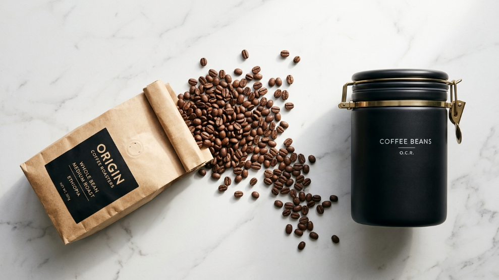 How to store coffee beans correctly showing airtight canister beside fresh roasted coffee bag