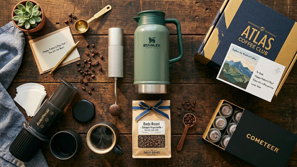 Best coffee gifts for dad showing Stanley carafe TIMEMORE grinder Atlas subscription Cometeer gift AeroPress Go and specialty coffee bag on wooden surface with Father's Day decoration