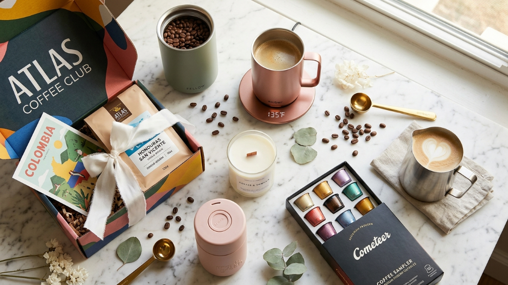 Best coffee gifts for her showing Ember Smart Mug rose gold Fellow Atmos sage green Atlas subscription Frank Green cup coffee candle latte pitcher and specialty bags as comprehensive women's coffee gift guide on white marble