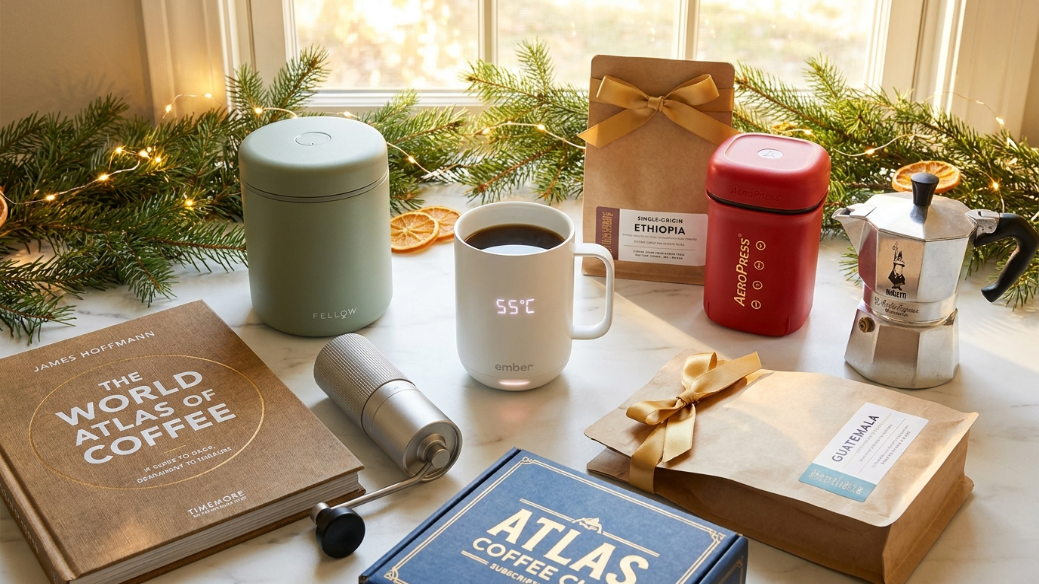 Best Christmas coffee gifts ultimate guide showing Ember Smart Mug James Hoffmann book Fellow Atmos Atlas subscription TIMEMORE grinder specialty bags Cometeer advent calendar AeroPress and Bialetti with Christmas decoration on white marble
