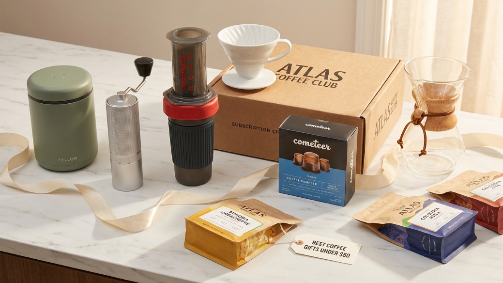 Best coffee gifts under 50 dollars showing Fellow Atmos canister TIMEMORE C2 grinder AeroPress Go Hario V60 Atlas subscription Cometeer Chemex and specialty coffee bags as the ultimate under 50 dollar gift guide