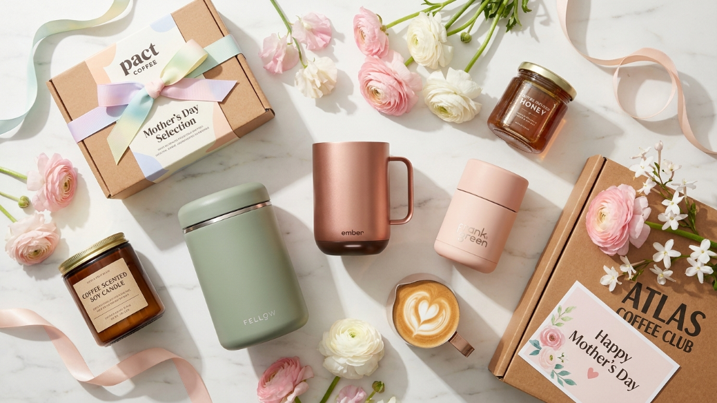 Coffee Gifts for Mum Mothers Day 2027 showing Ember Smart Mug rose gold Pact Coffee selection box Fellow Atmos sage green Frank Green blush cup coffee candle honey jar latte pitcher Atlas subscription and spring flowers on white marble