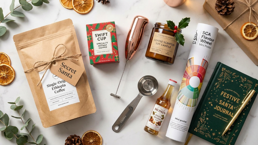 Best Secret Santa coffee gifts under £20 and $25 showing specialty coffee bag Swift Cup instant milk frother coffee candle Hario scoop Monin syrup flavour wheel poster and coffee journal as office-safe universally appreciated Secret Santa picks