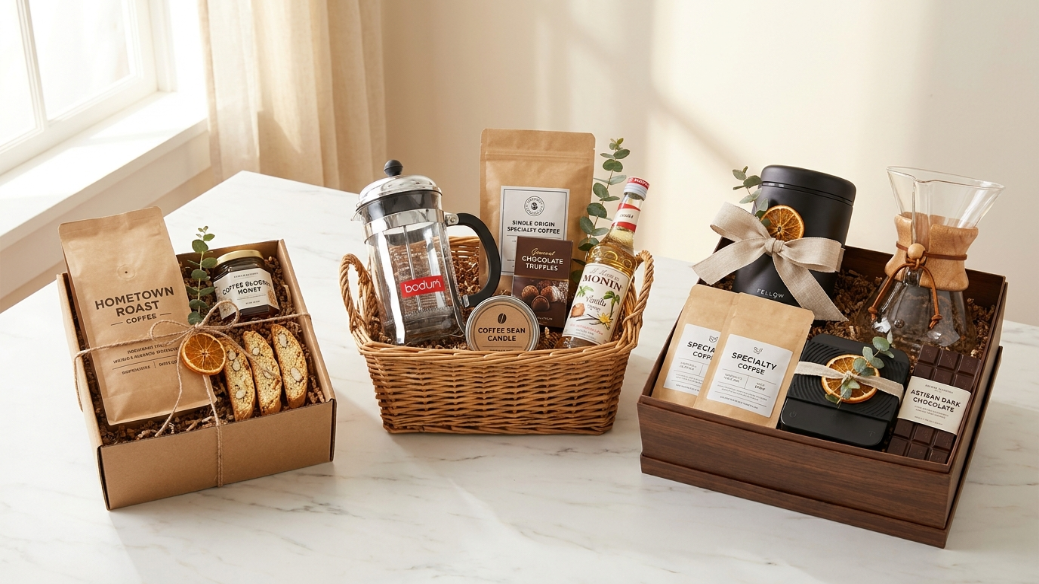 Best coffee gift baskets showing three hampers side by side budget kraft box with specialty bag and biscotti mid-range wicker with French press and chocolates and luxury gift box with Fellow Atmos Chemex and artisan chocolate