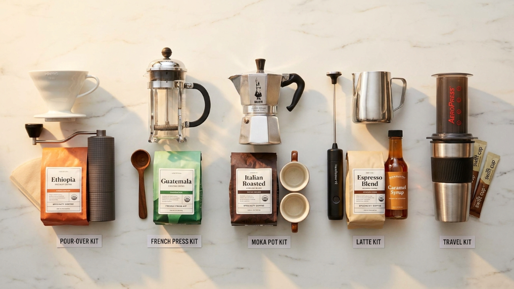 Best coffee starter kits showing five kits side by side pour-over kit with V60 and grinder French press kit with Bodum Moka pot kit with Bialetti latte kit with frother and pitcher and travel kit with AeroPress Go